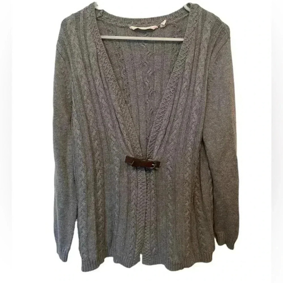 Soft Surroundings Grey Chunky Cable Knit Wool Blend Leather Buckle Cardigan XS - Picture 1 of 6